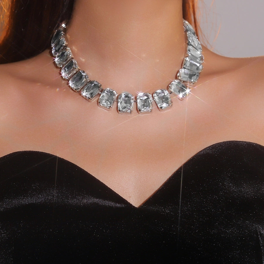 Copper Tennis Chain Inlay Rectangle Rhinestones Pendant Necklace