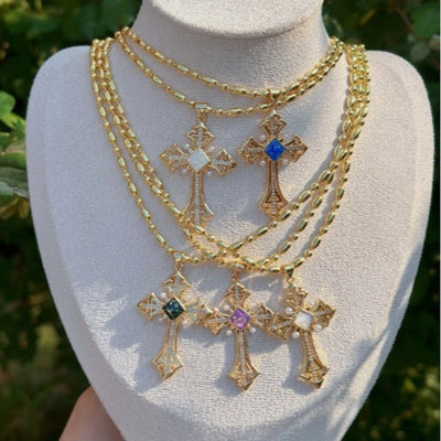 Mother pearl shellfish Copper Plating Cross Pendant Necklace