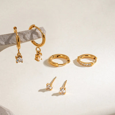 18K Gold Stainless Steel Rhinestone White Rhinestone Ear Clip Earrings 3 Pairs One Card