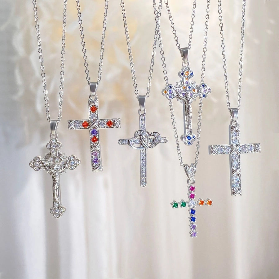 Copper cable chain Plating Cross Zircon Pendant Necklace