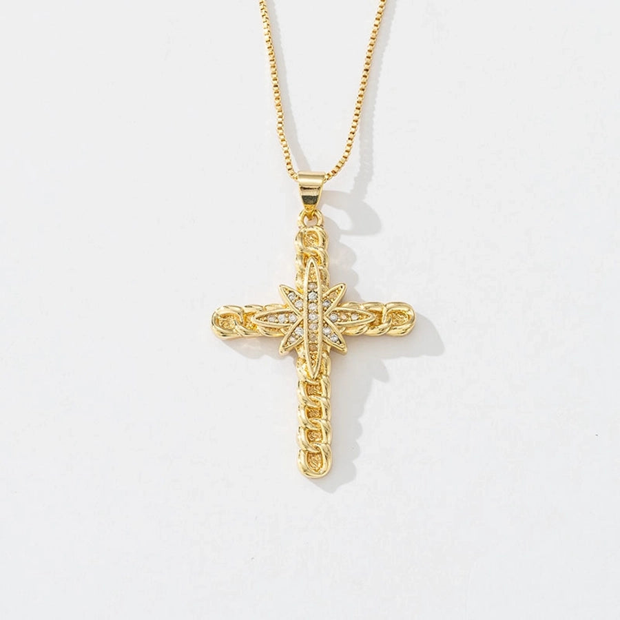 Copper box chain 18K Gold Plated Inlay Carving Cross Butterfly Zircon Pendant Necklace
