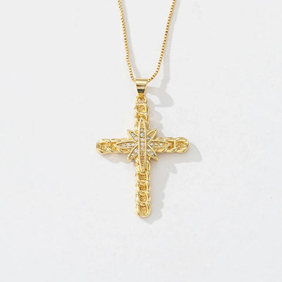 Copper box chain 18K Gold Plated Inlay Carving Cross Butterfly Zircon Pendant Necklace