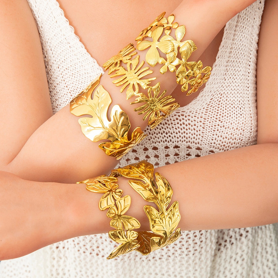 Casual Retro Leaves Flower 304 Stainless Steel Cuff Bracelets In Bulk