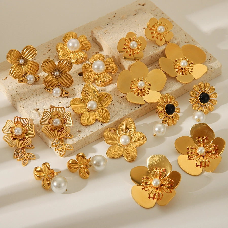 1 Piece IG Style Flower Plating Inlay 304 Stainless Steel Natural Stone Pearl 18K Gold Plated Drop Earrings Ear Studs