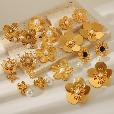 1 Piece IG Style Flower Plating Inlay 304 Stainless Steel Natural Stone Pearl 18K Gold Plated Drop Earrings Ear Studs