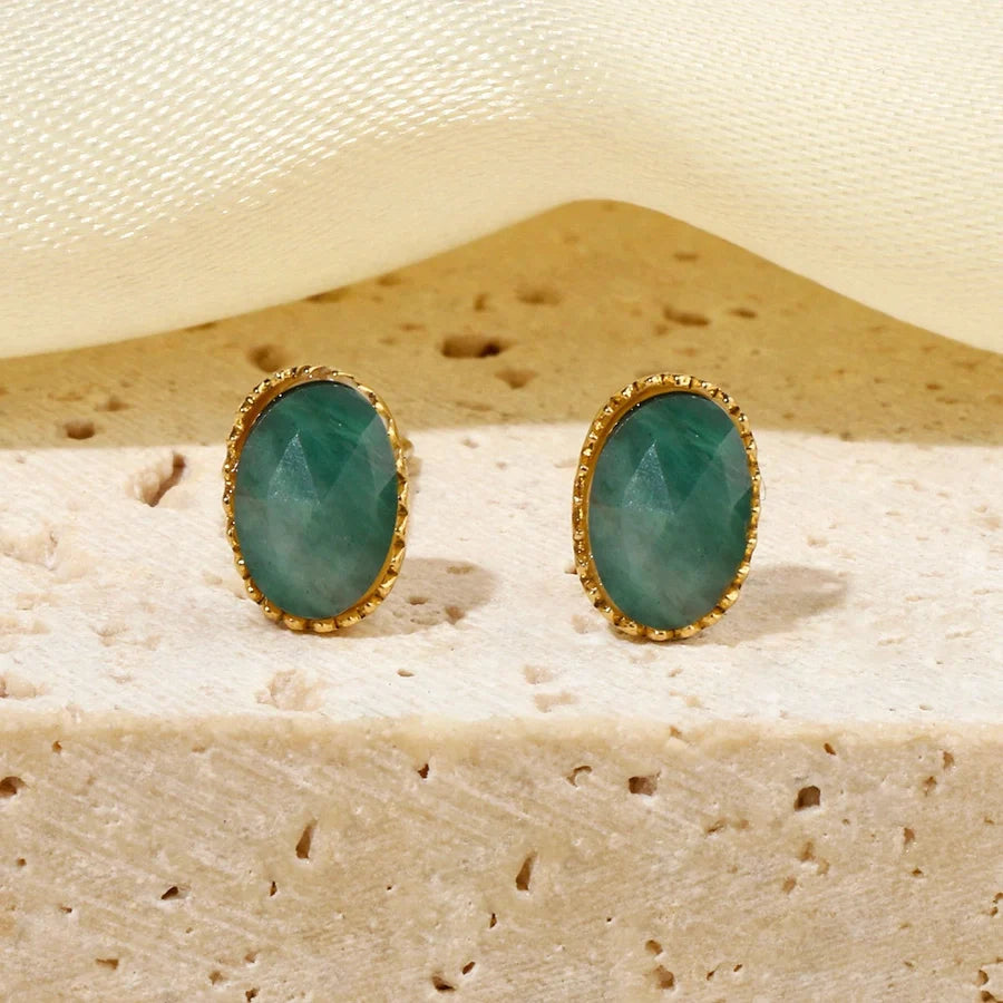 One Pack and Two Pairs Retro French Style Geometric Plating Titanium Steel Natural Stone 14K Gold Plated Ear Studs