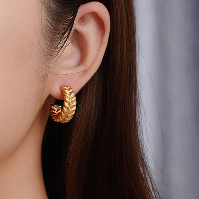 1 Pair Retro C Shape Grain 304 Stainless Steel 18K Gold Plated Ear Studs