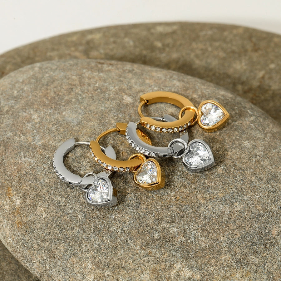 1 Pair Modern Style Heart Shape Plating 304 Stainless Steel Zircon 16K Gold Plated White Gold Plated Drop Earrings