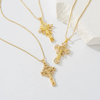 Copper box chain 18K Gold Plated Inlay Carving Cross Zircon Pendant Necklace