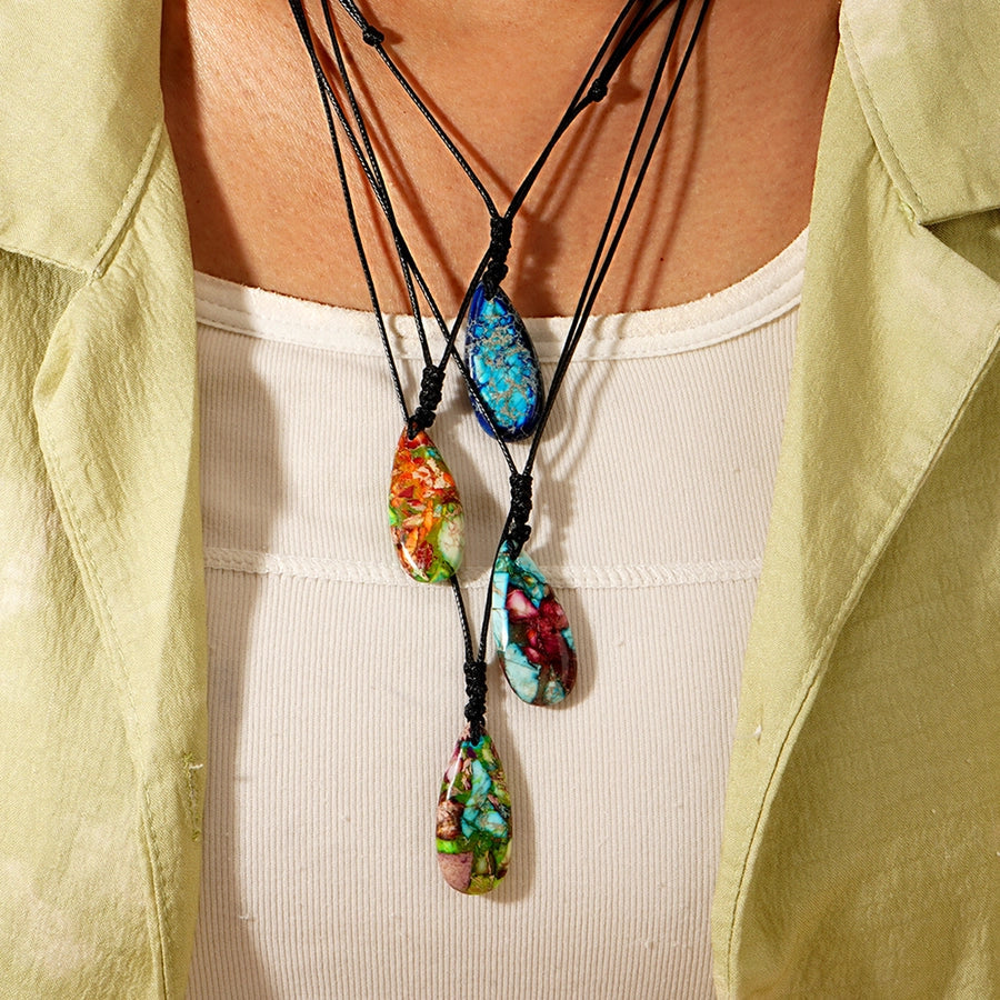 Bohemian Water Droplets Semi-precious stone rope Pendant Necklace In Bulk