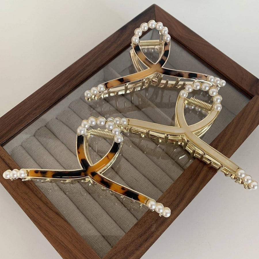 elegant geometric metal inlay artificial pearls hair claws