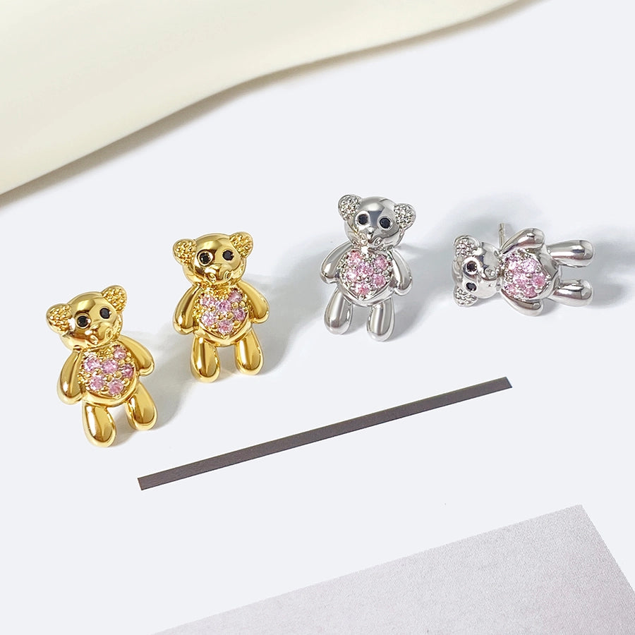 1 Pair Cute Bear Copper Zircon Ear Studs