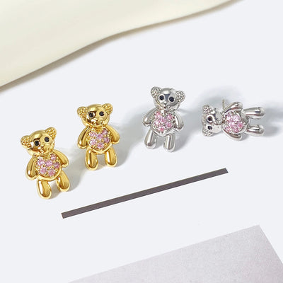 1 Pair Cute Bear Copper Zircon Ear Studs