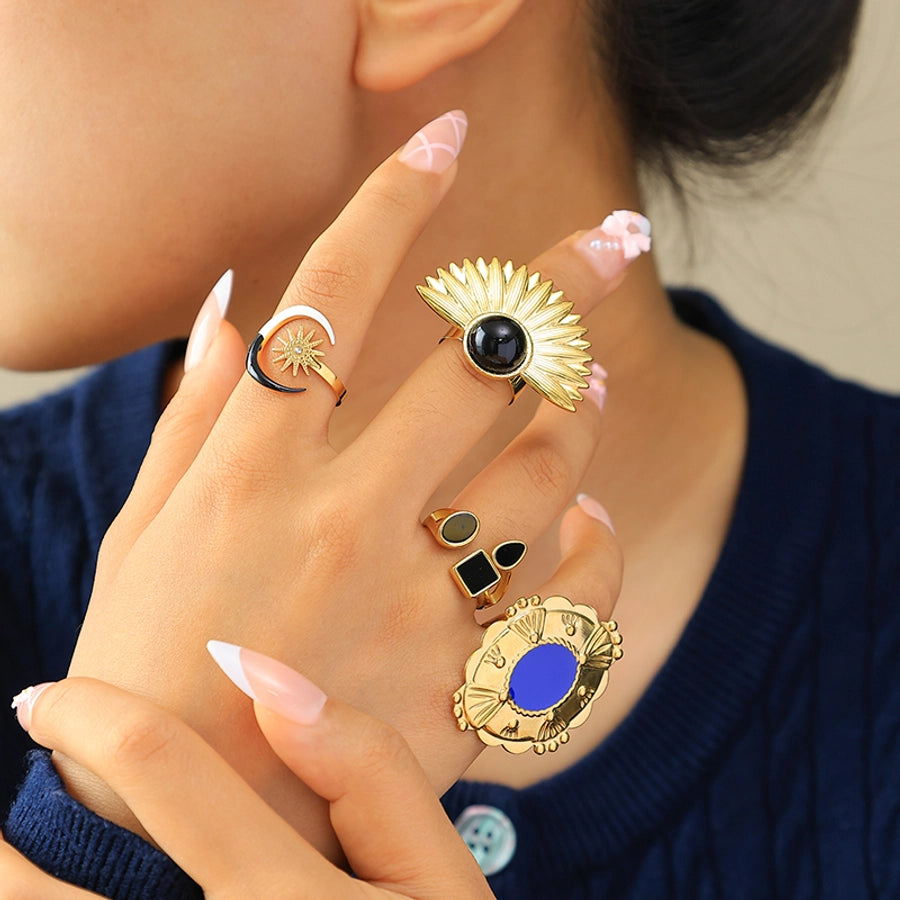 Jewelry Hip-Hop Vintage Style Simple Style Sun Sector Moon 304 Stainless Steel Natural Stone Zircon 14K Gold Plated Enamel Plating Inlay Open Rings Rings