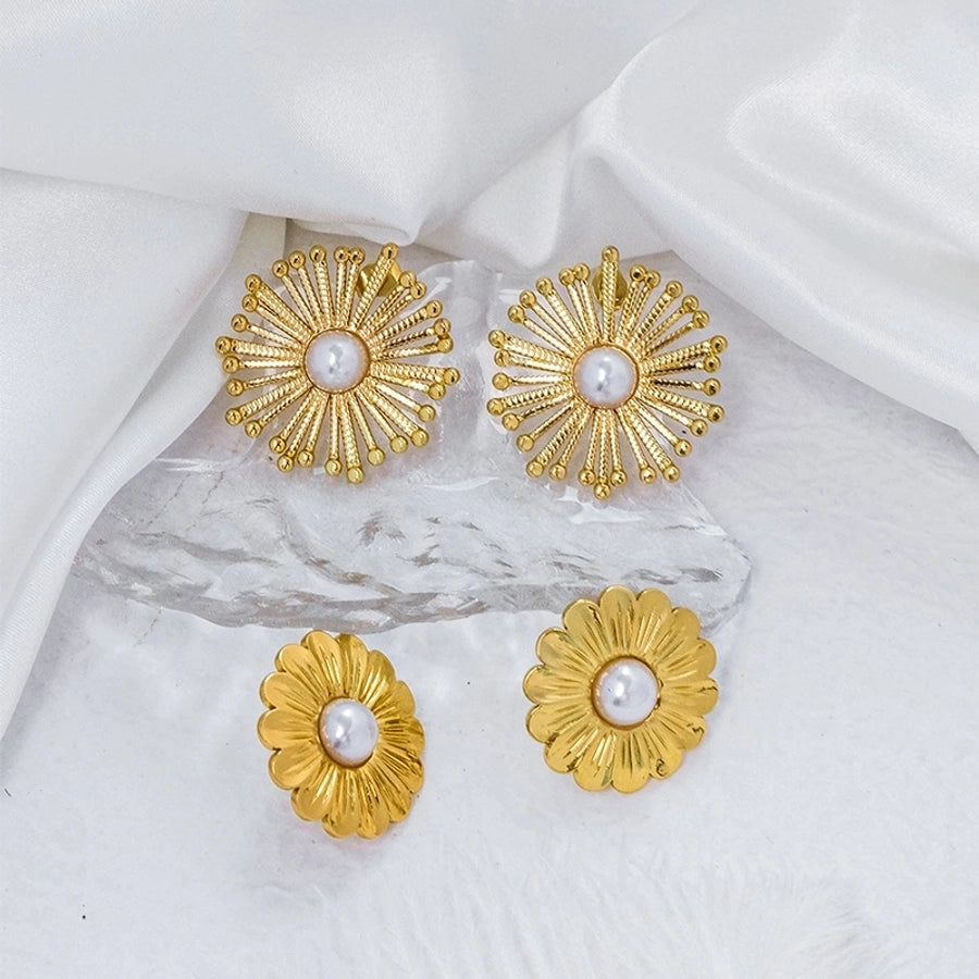 1 Pair Vacation Sweet Round Flower Plating Inlay 304 Stainless Steel Pearl 14K Gold Plated Ear Studs