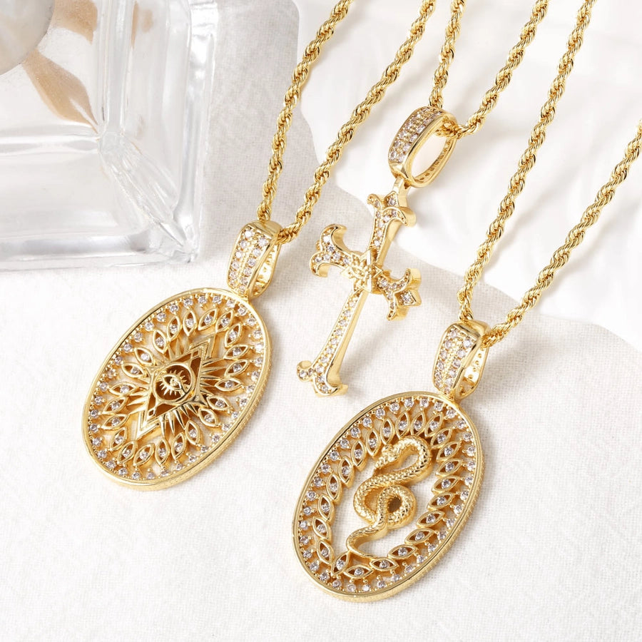 Jewelry Modern Style Simple Style Cross Eye Snake 201 Stainless Steel Copper Agate Zircon 18K Gold Plated Hollow Out Inlay Pendant Necklace