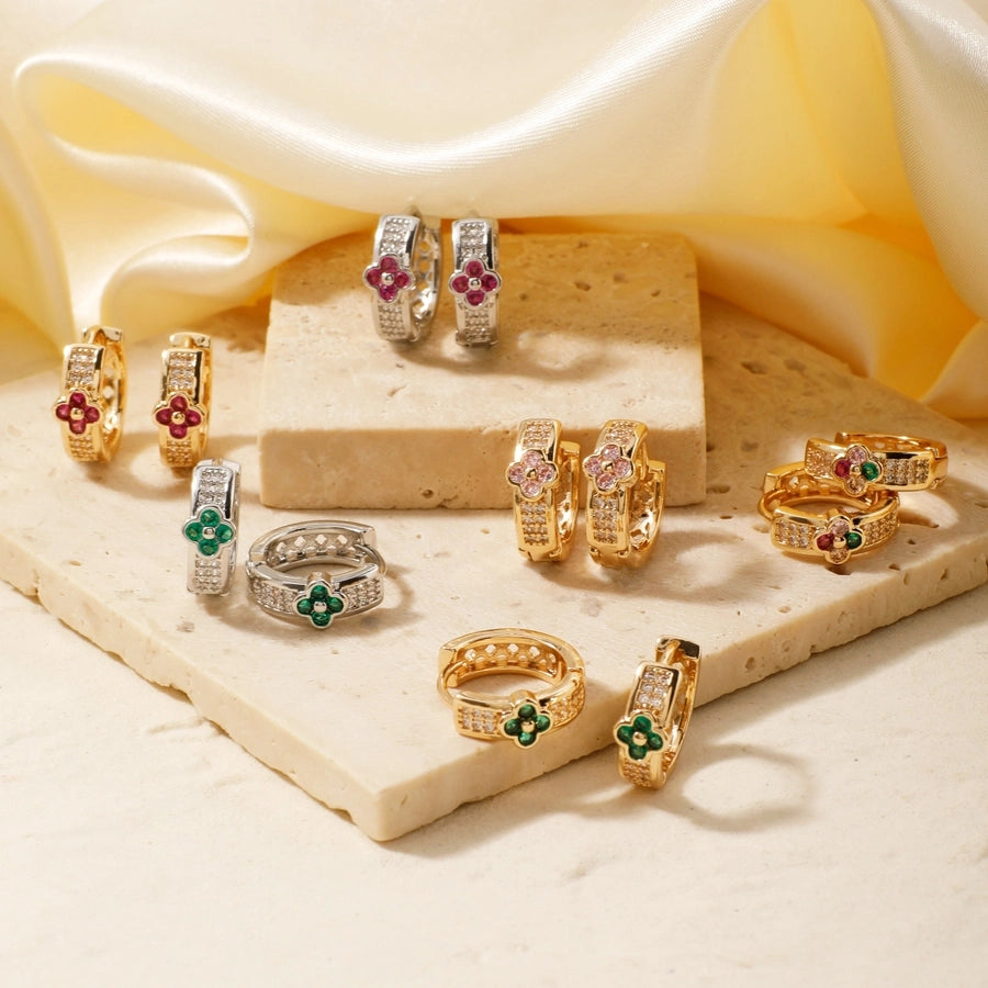 1 Pair Elegant Simple Style Shiny Geometric Four Leaf Clover Inlay Copper Zircon K Gold Plated Rhodium Plated Earrings