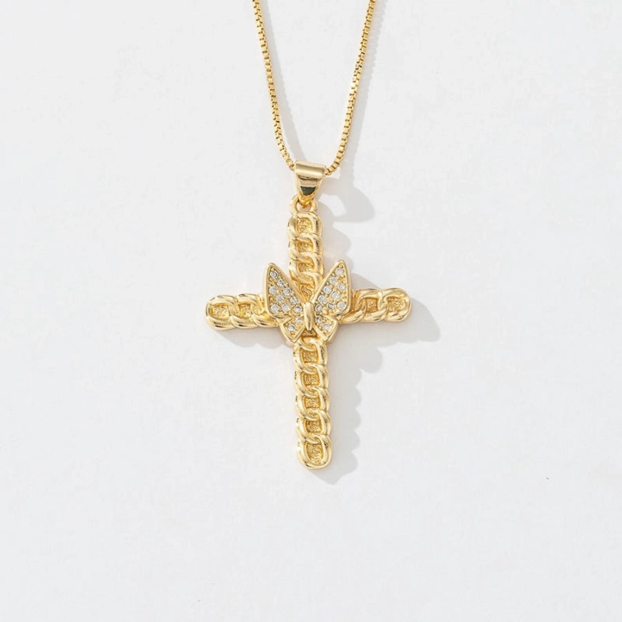 Copper box chain 18K Gold Plated Inlay Carving Cross Butterfly Zircon Pendant Necklace