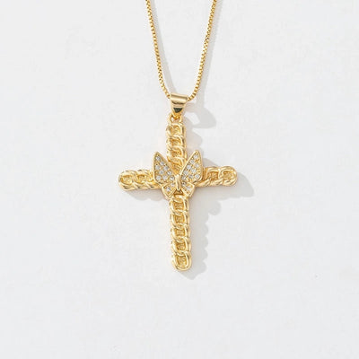 Copper box chain 18K Gold Plated Inlay Carving Cross Butterfly Zircon Pendant Necklace