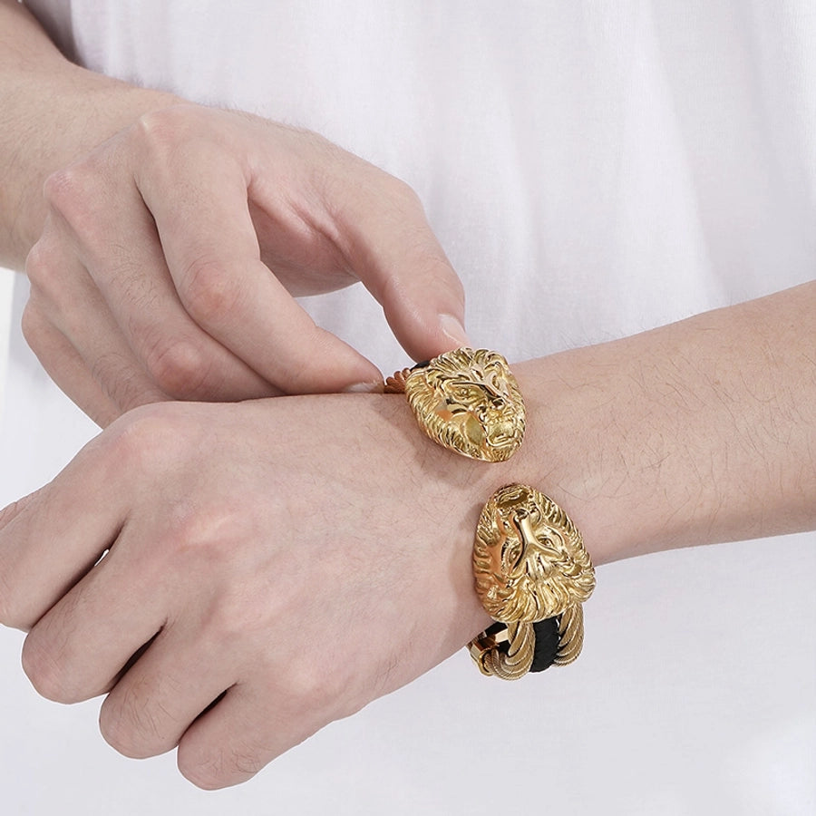 Business Lion's head Wolf Head Skull 304 Stainless Steel 18K Gold Plated Men's Bangle