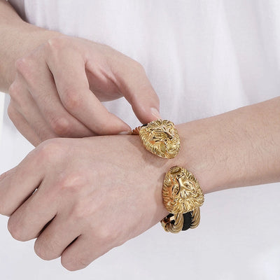 Business Lion's head Wolf Head Skull 304 Stainless Steel 18K Gold Plated Men's Bangle