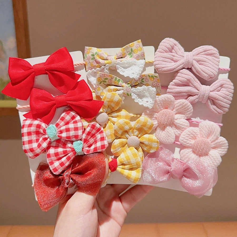 cute plaid flower bow knot cloth inlaid pearls hair tie 1 set