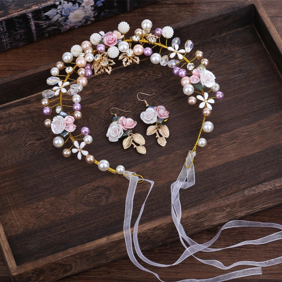 bridal headwear handmade pearl ceramic flower headband earrings set