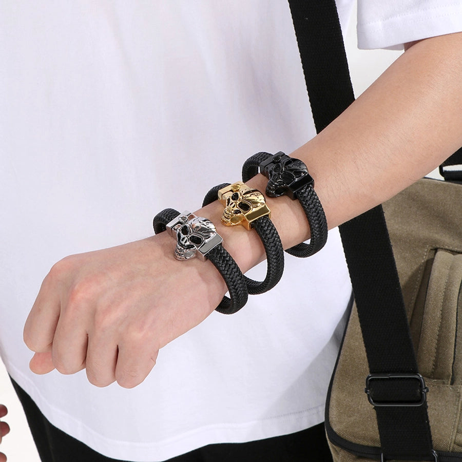 Business Lion's head Wolf Head Skull 304 Stainless Steel Leather 18K Gold Plated Men's Bracelets