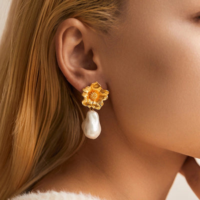 1 Piece Vintage Style Lady Wedding Pearl Inlay Copper Artificial Pearls 18K Gold Plated Drop Earrings