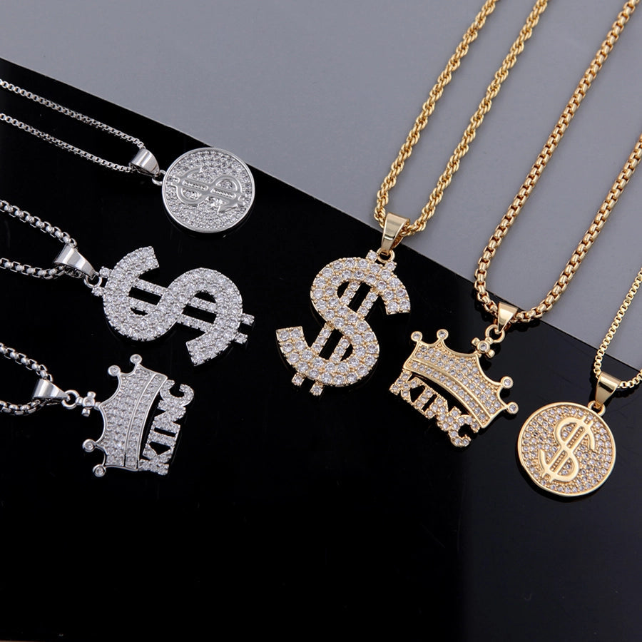 Punk Classic Style Crown Dollar Copper Inlaid Zircon Zircon 18K Gold Plated Unisex Pendant Necklace