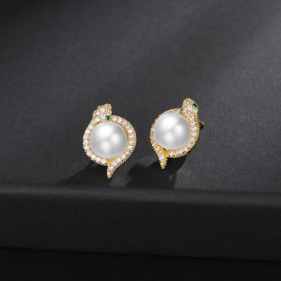 1 Pair Elegant Luxurious Shiny Snake Inlay Copper Artificial Pearls Zircon 18K Gold Plated White Gold Plated Ear Studs