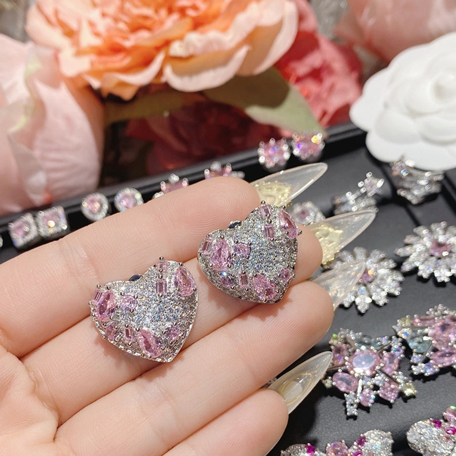 1 Pair Elegant Star Heart Shape Inlay Copper Artificial Gemstones Ear Studs