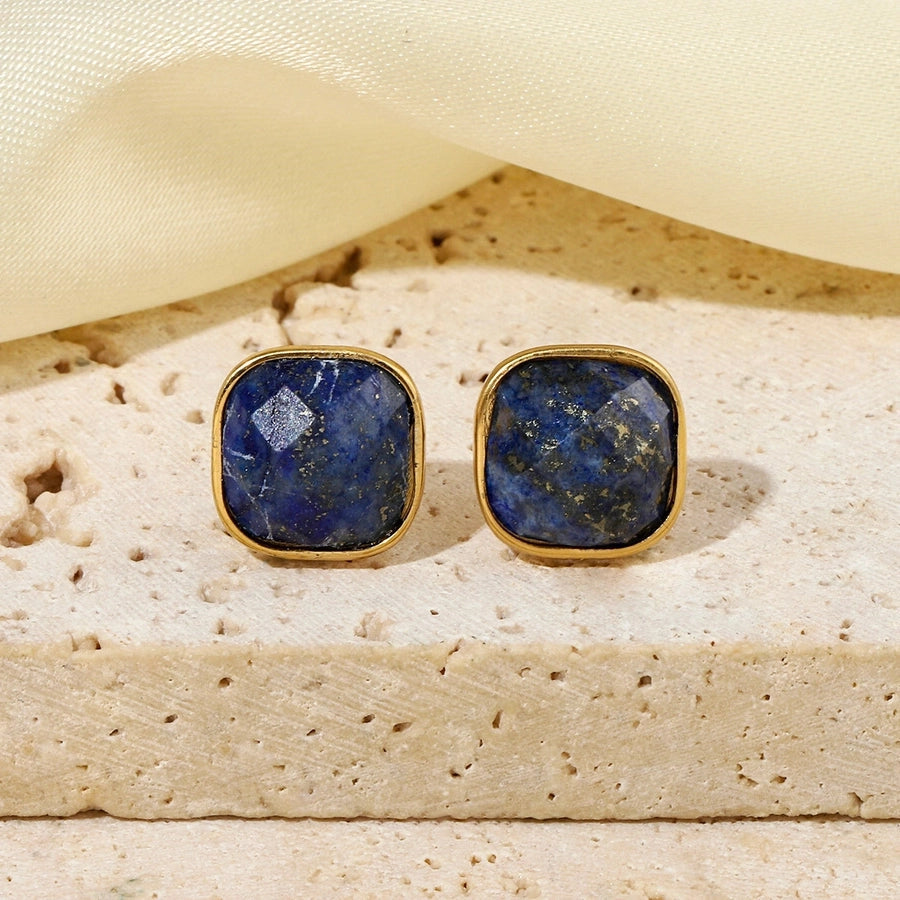 One Pack and Two Pairs Retro French Style Geometric Plating Titanium Steel Natural Stone 14K Gold Plated Ear Studs