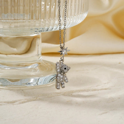 304 Stainless Steel Copper K Gold Plated Rhodium Plated Inlay Bear Zircon Pendant Necklace