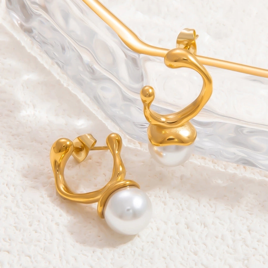 1 Pair Elegant Solid Color Plating Inlay 304 Stainless Steel Pearl 18K Gold Plated Earrings Ear Studs