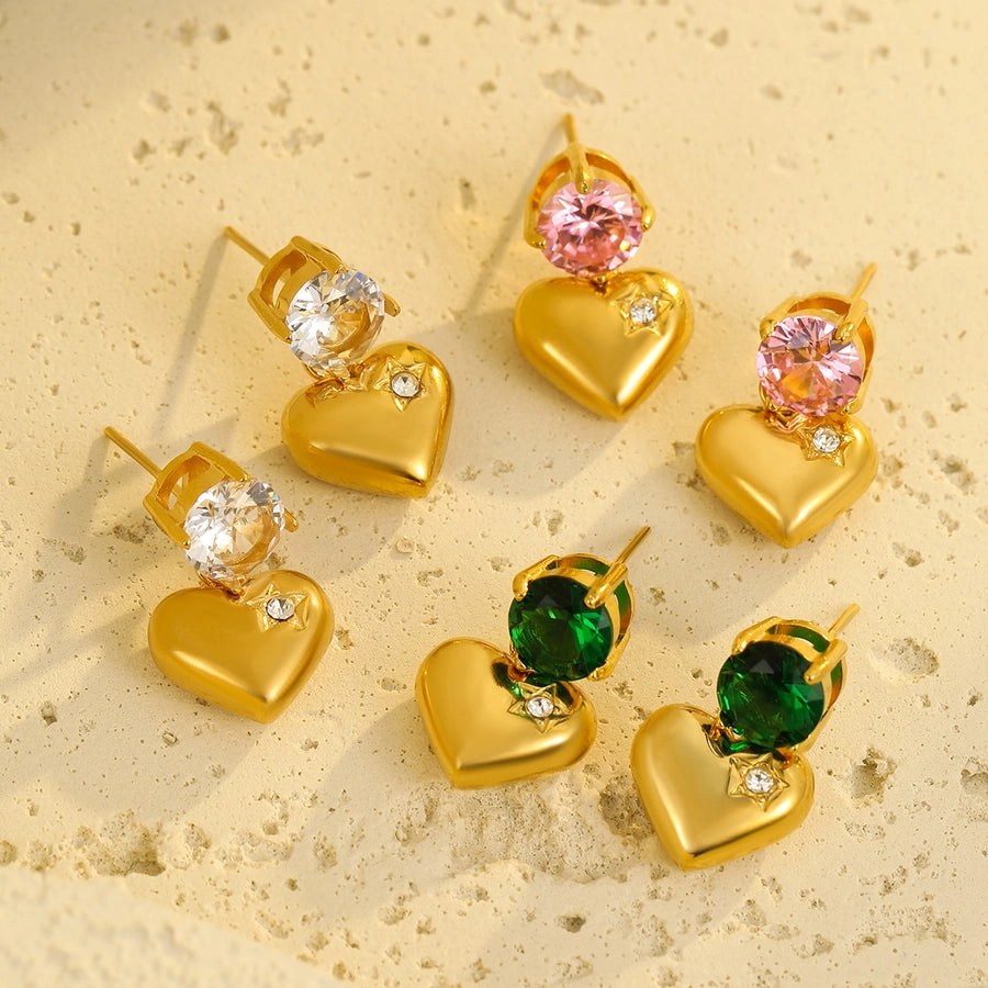 1 Pair Retro Sweet Round Heart Shape Inlay 304 Stainless Steel Zircon 18K Gold Plated Drop Earrings