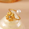 Jewelry IG Style Sweet Four Leaf Clover 304 Stainless Steel Pearl Zircon Inlay Open Rings