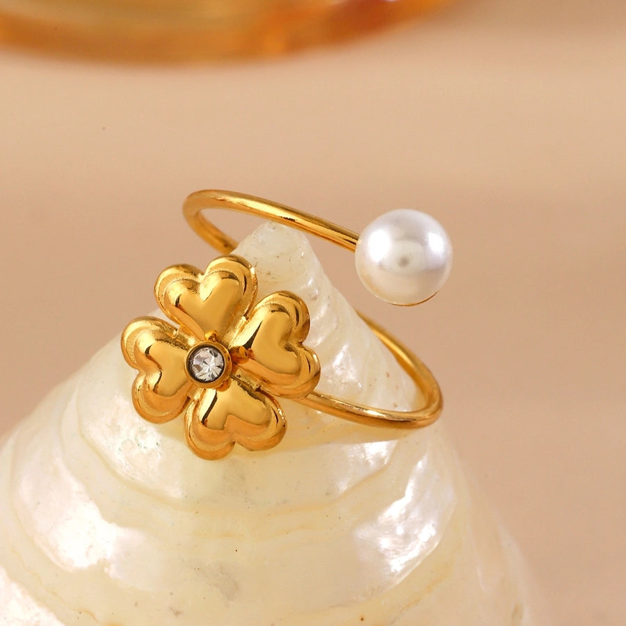 Jewelry IG Style Sweet Four Leaf Clover 304 Stainless Steel Pearl Zircon Inlay Open Rings