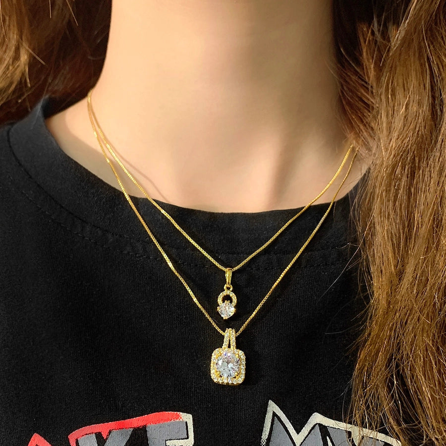 Copper 18K Gold Plated Three-dimensional Inlay Square Zircon Pendant Necklace