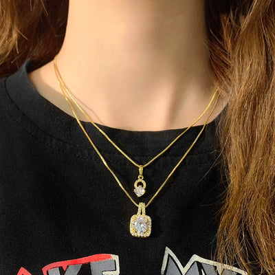 Copper 18K Gold Plated Three-dimensional Inlay Square Zircon Pendant Necklace