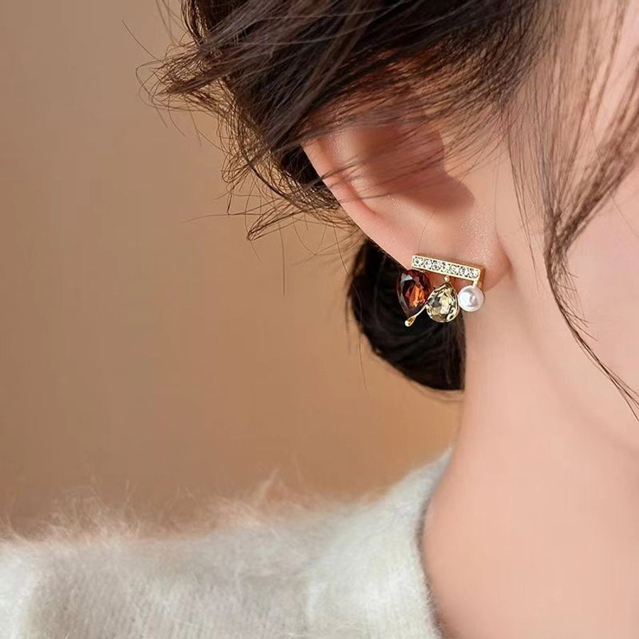 1 Pair Elegant Water Droplets Copper Artificial Gemstones Ear Studs