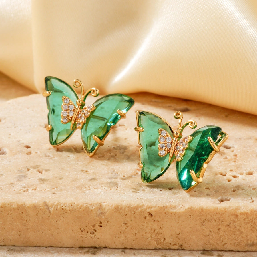 1 Pair Japanese Style Simple Style Shiny Butterfly Three-dimensional Inlay Copper Zircon K Gold Plated Ear Studs