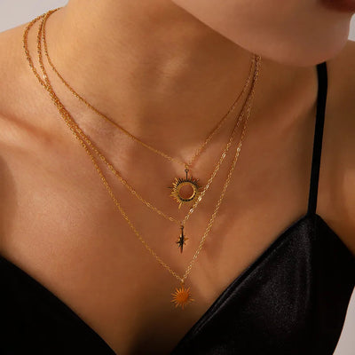 Wholesale Jewelry IG Style Vintage Style Classic Style Eight awn star Sun 304 Stainless Steel Titanium Steel 18K Gold Plated Pendant Necklace cable chain