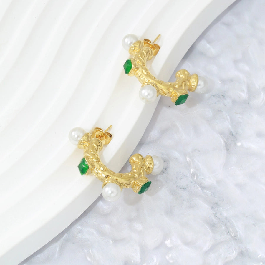 1 Pair Elegant C Shape Plating Inlay 304 Stainless Steel Artificial Pearls Zircon 18K Gold Plated Ear Studs