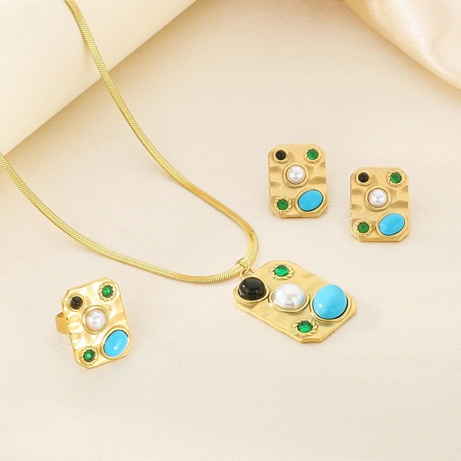 Jewelry Elegant Vintage Style Streetwear Square 304 Stainless Steel Artificial Gemstones Turquoise Pearl 18K Gold Plated Inlay Jewelry Set