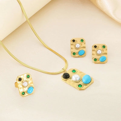 Jewelry Elegant Vintage Style Streetwear Square 304 Stainless Steel Artificial Gemstones Turquoise Pearl 18K Gold Plated Inlay Jewelry Set