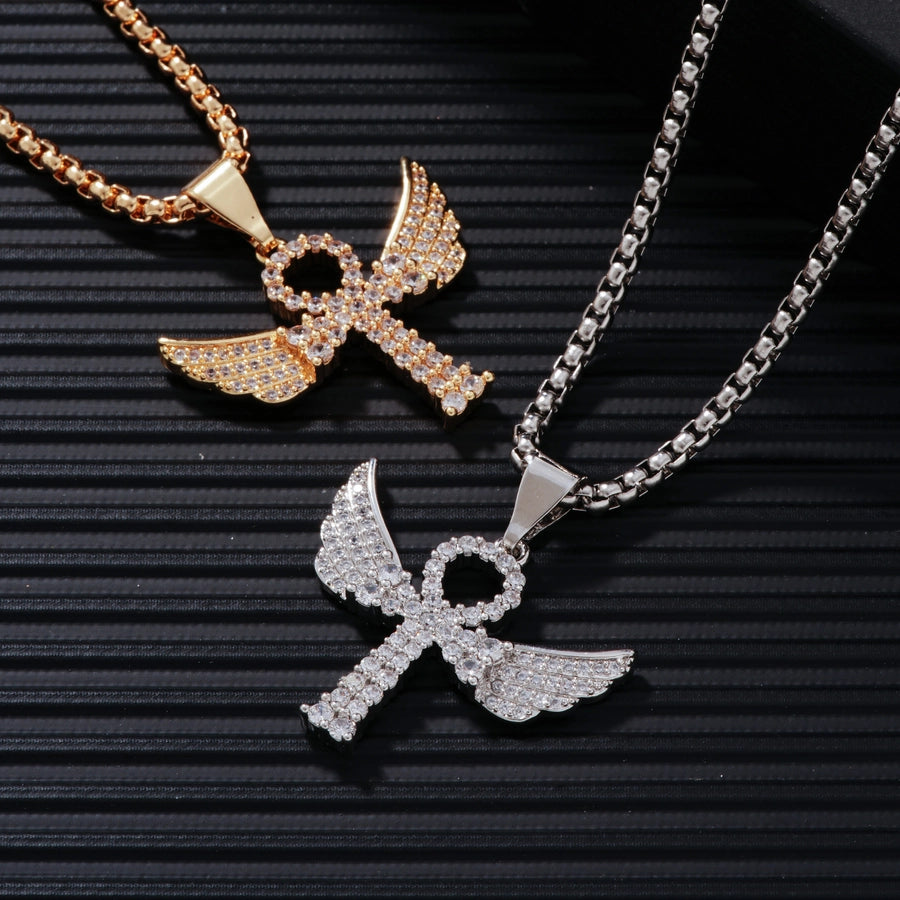 Hip-Hop Rock Shiny Cross Wings 304 Stainless Steel Copper Zircon K Gold Plated Rhodium Plated Unisex Pendant Necklace