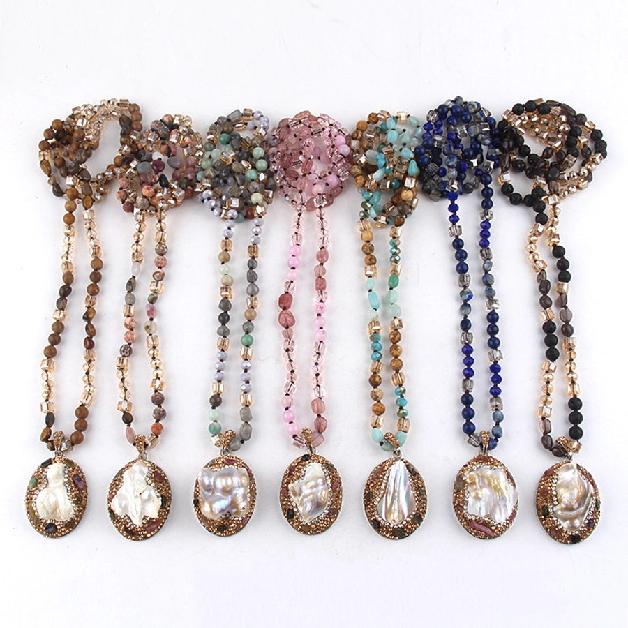 Vintage Style Simple Style Geometric natural stone Beaded Chain Pendant Necklace In Bulk