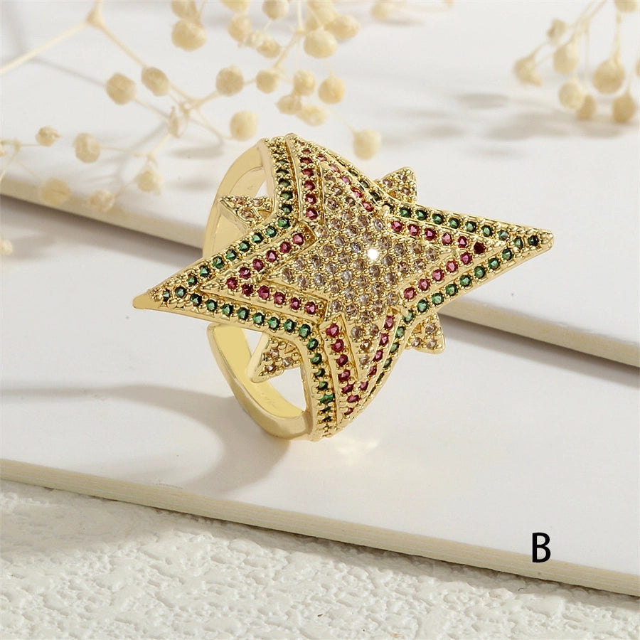 Copper Inlay Hexagram Star Zircon Open Rings