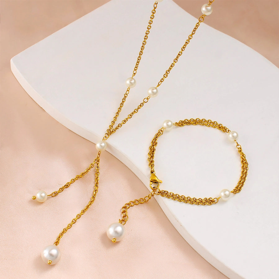 Jewelry French Style Geometric 304 Stainless Steel Glass Pearl 18K Gold Plated Bracelets Necklace